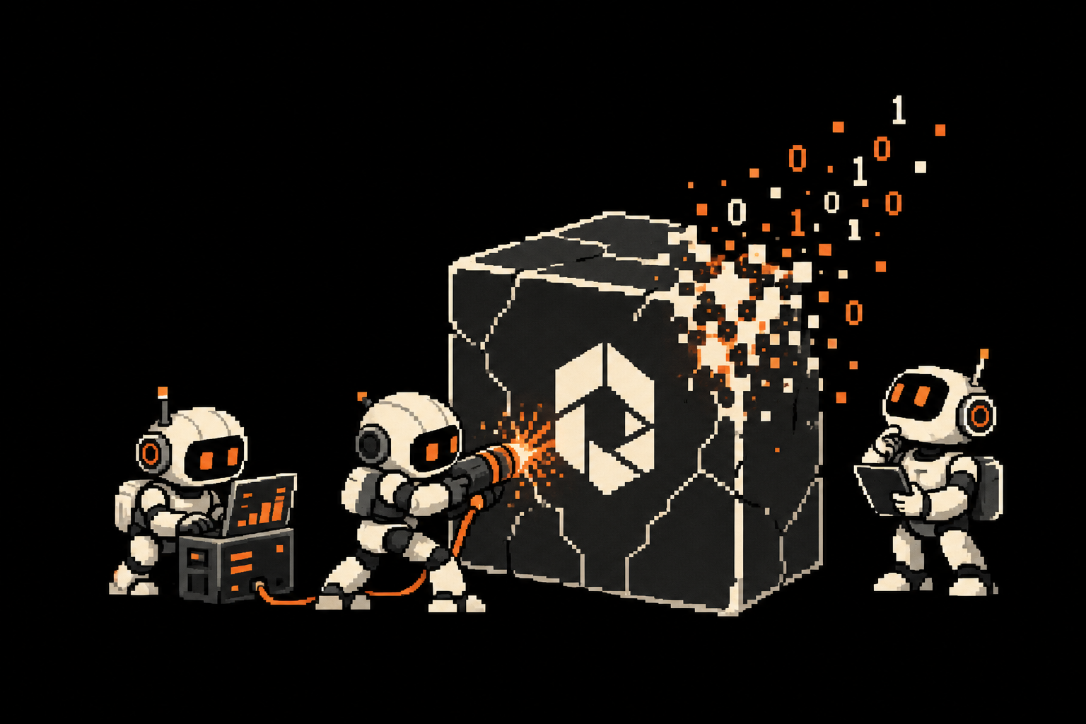 Pixel-art AutoHash robot researchers working together on a hash cube, with orange and ivory binary fragments.